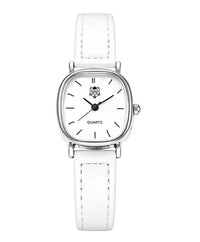 Petite montre carrée pour femmes avec bracelet de cuir blanc