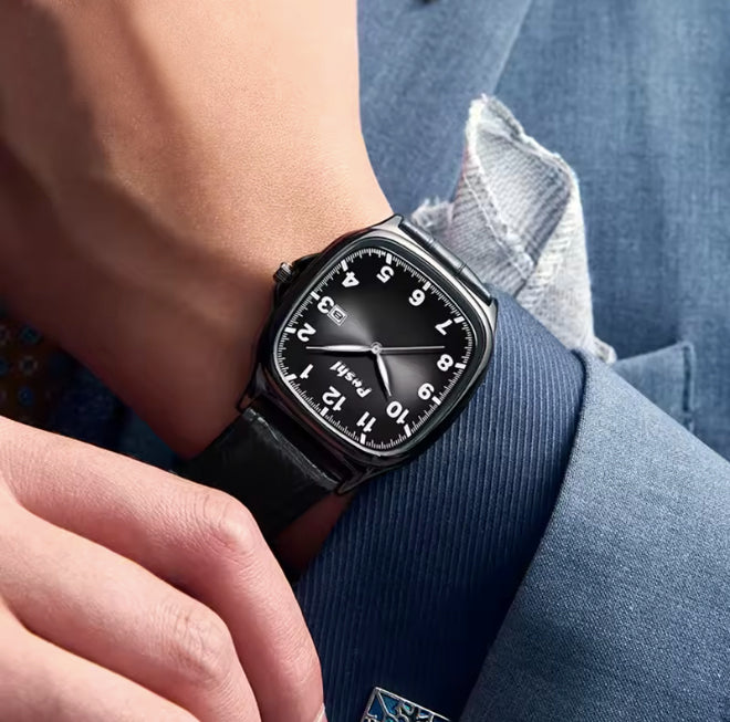 Montre pour hommes carrée avec bracelet de cuir noir