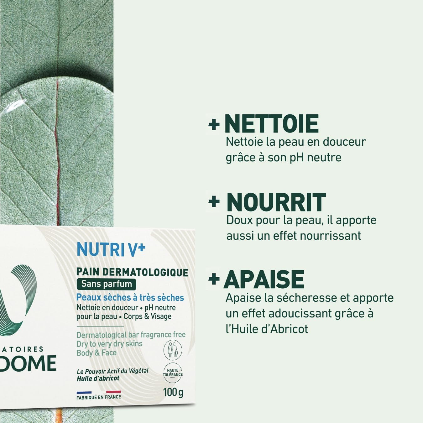 Pain dermatologique - Peaux sèches à très sèches - Sans Parfum - Nutri V+ Laboratoires Vendome - 100g