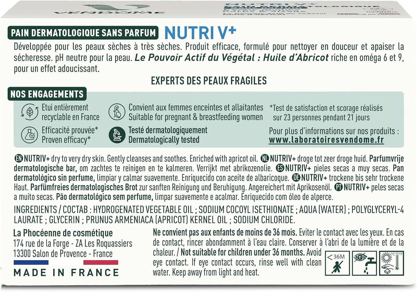 Pain dermatologique - Peaux sèches à très sèches - Sans Parfum - Nutri V+ Laboratoires Vendome - 100g