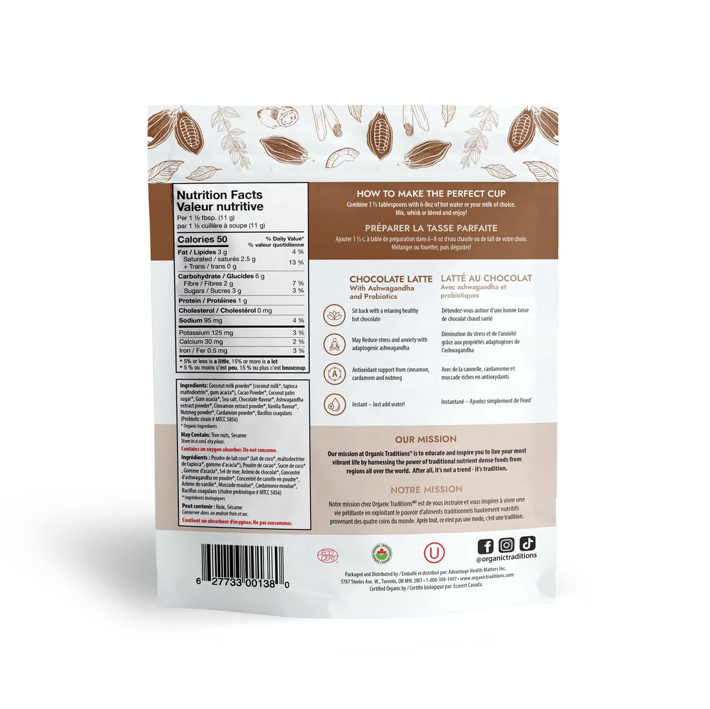 Latte au chocolat bio avec ashwagandha et probiotiques - Organic Traditions - 150g