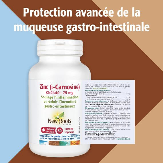 Zinc L-Carnosine - Soulage l'inflammation gastro-intestinale · Réduit l'inconfort gastro-intestinal - New Roots - 60 capsules