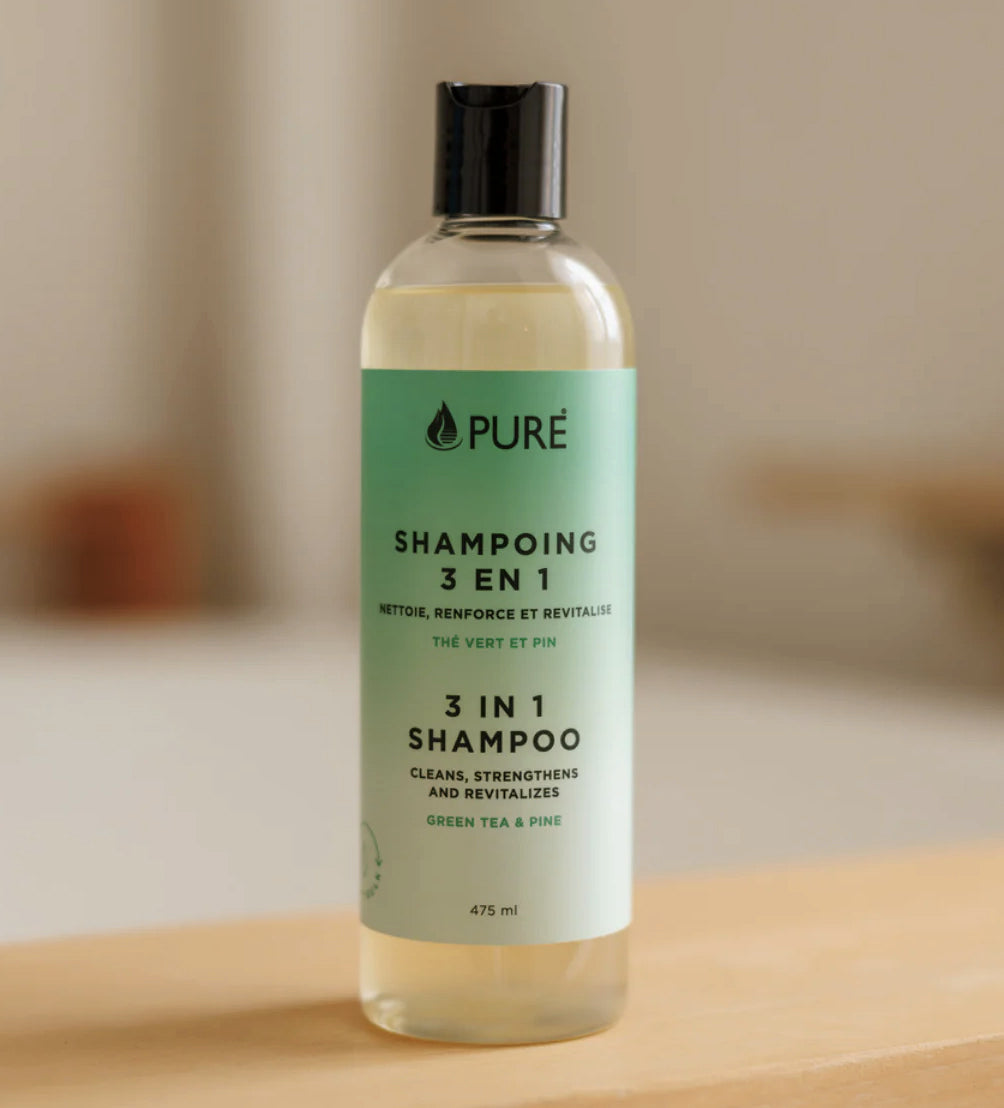 Shampoing 3 en 1 - Nettoie, renforce, revitalise - Thé vert et Pin - Pure Bio - 475ml