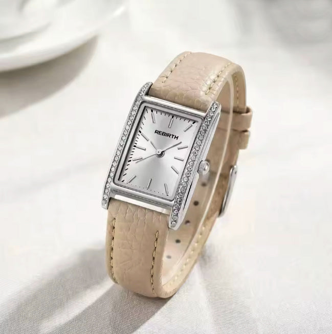 Montre rectangle pour femmes avec bracelet de cuir beige - Rebirth