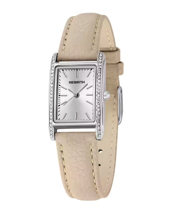 Montre rectangle pour femmes avec bracelet de cuir beige - Rebirth