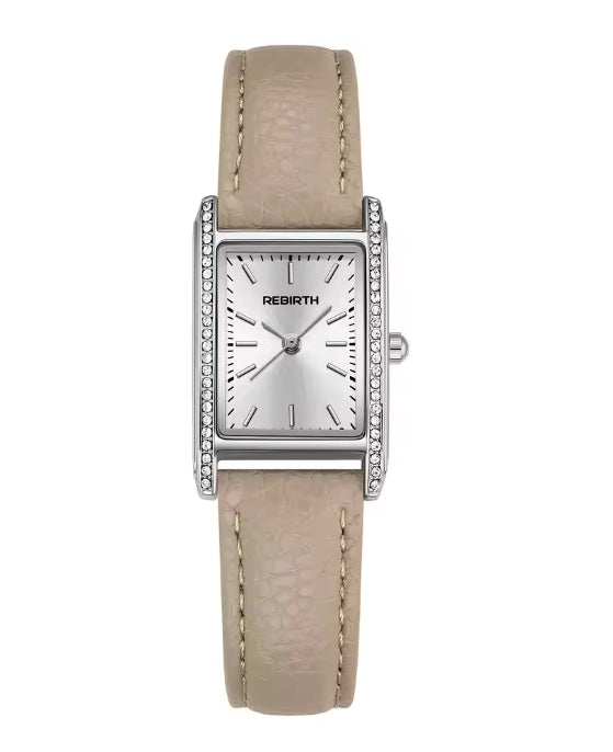 Montre rectangle pour femmes avec bracelet de cuir beige - Rebirth