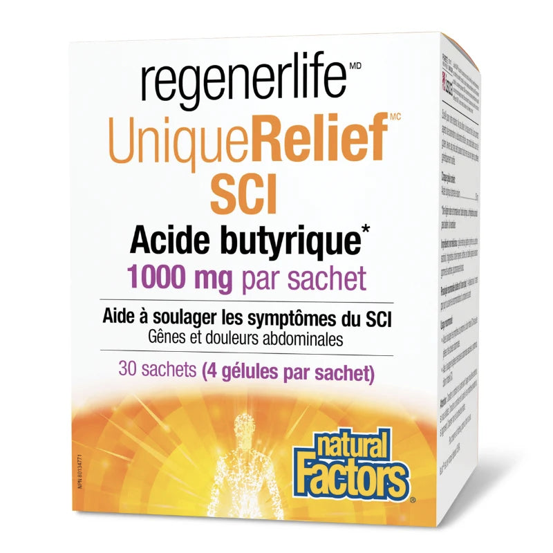 Acide Butyrique 1000mg - Aide à soulager les gênes et douleurs abdominales du côlon irritable - Regenerlife - Natural Factors - 30 sachets (4 gélules par sachet)