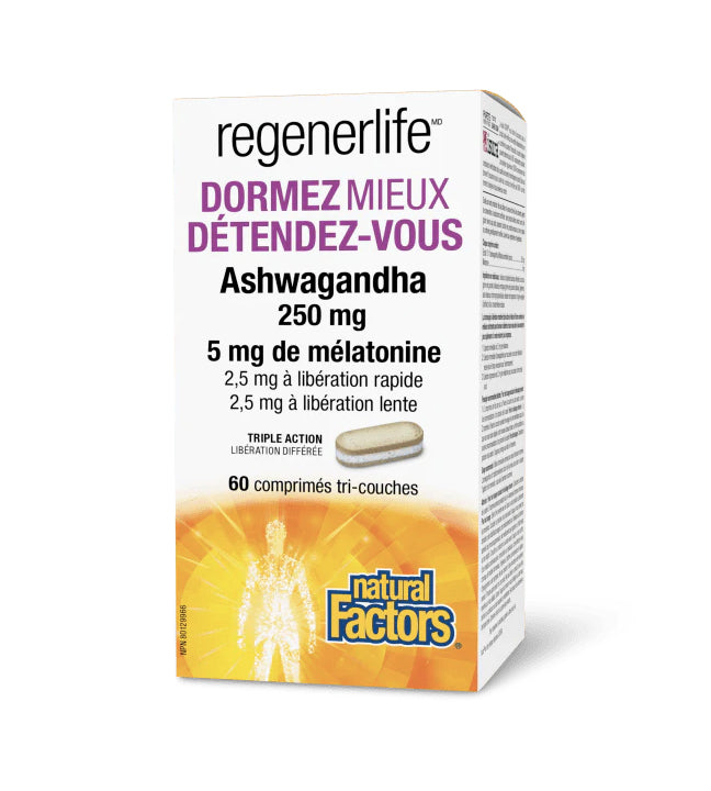 Dormez Mieux - Détendez-Vous - Ashwagandha + Mélatonine - Regenerlife - Natural Factors - 60 comprimés tri-couches