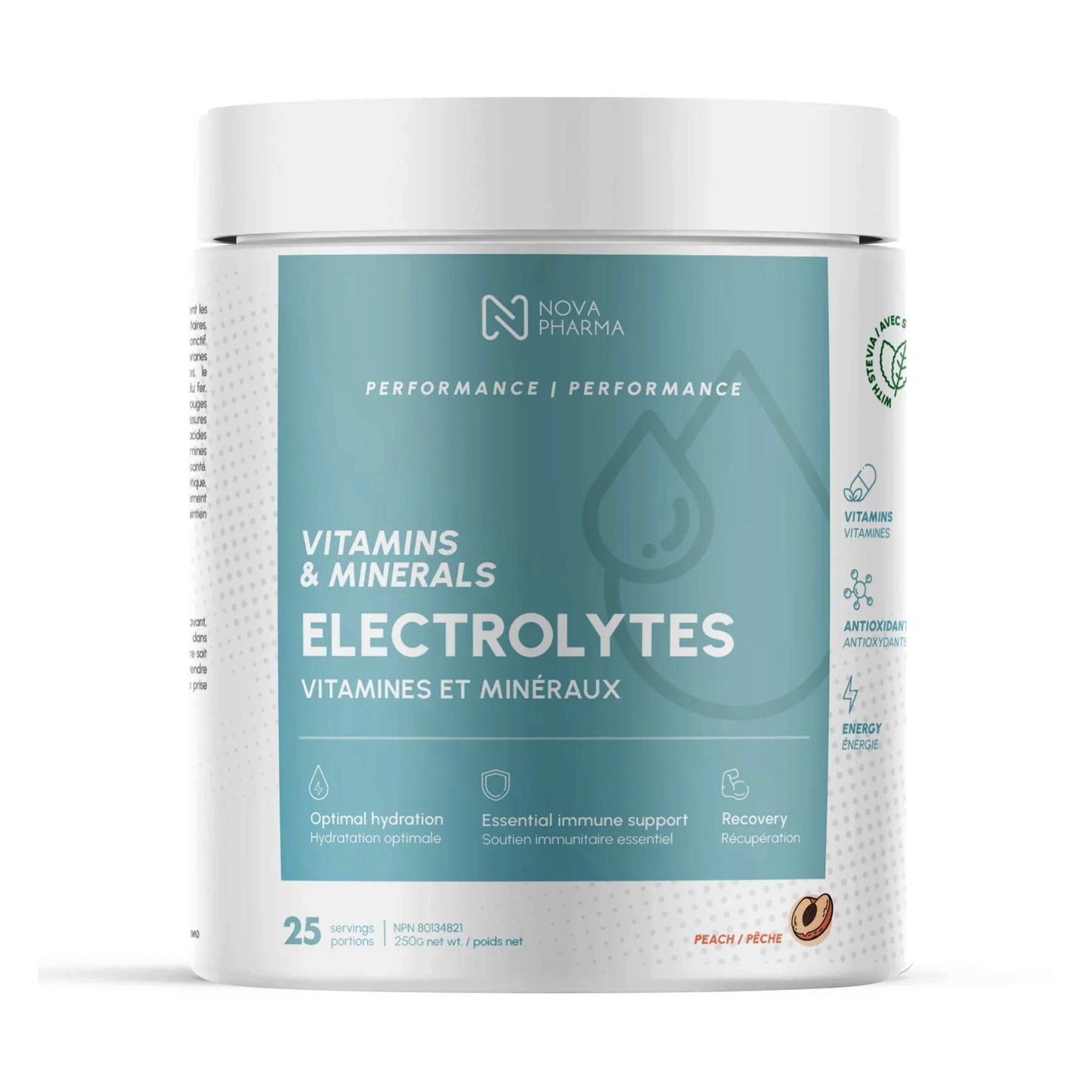 Supplément d'Électrolytes, vitamines et minéraux - Nova Pharma - Pêche - 250g