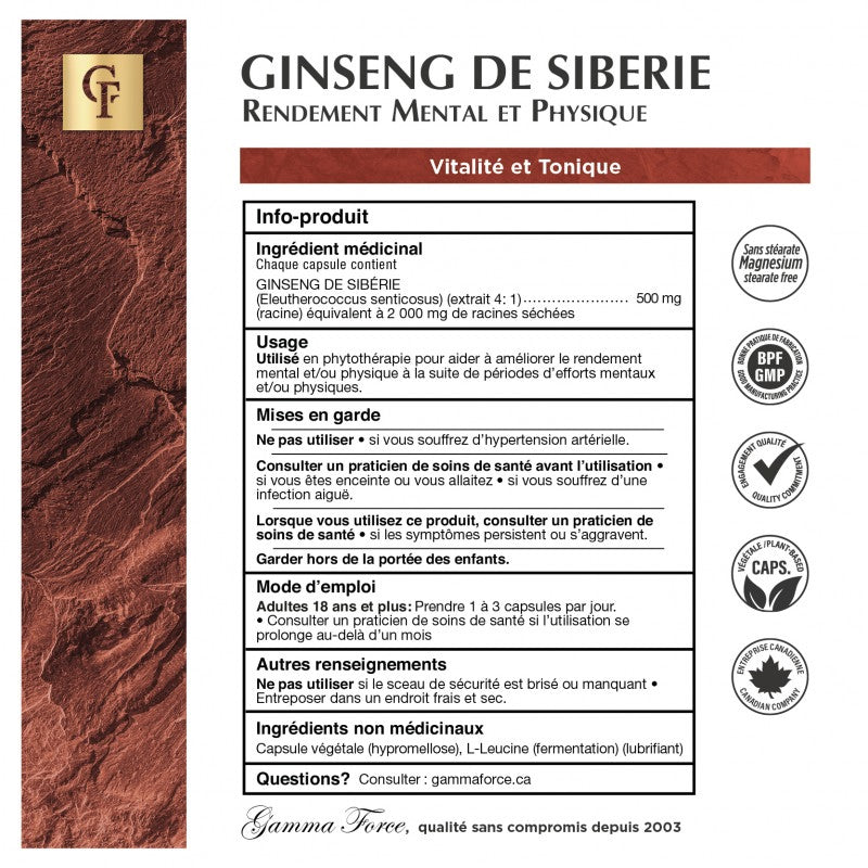 Ginseng de Sibérie (Extrait de racine 4:1) 500mg - Gamma Force - 60 capsules