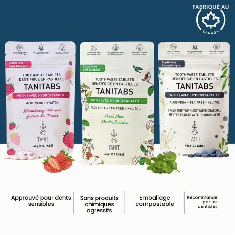 Dentifrice en pastilles Tanitabs - avec xylitol et hydroxyapatite - Saveur de Fraise - idéal pour enfants - Tanit - Paquet de recharge de 124 pastilles