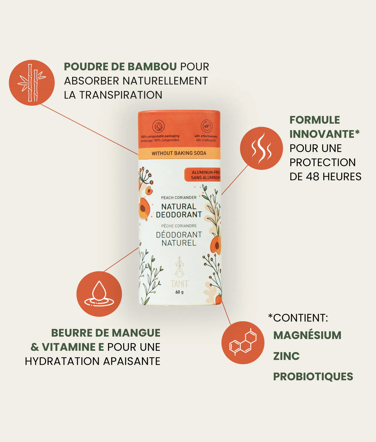 Déodorant naturel sans bicarbonate de soude et sans aluminium - Monoï - Tanit - 60g