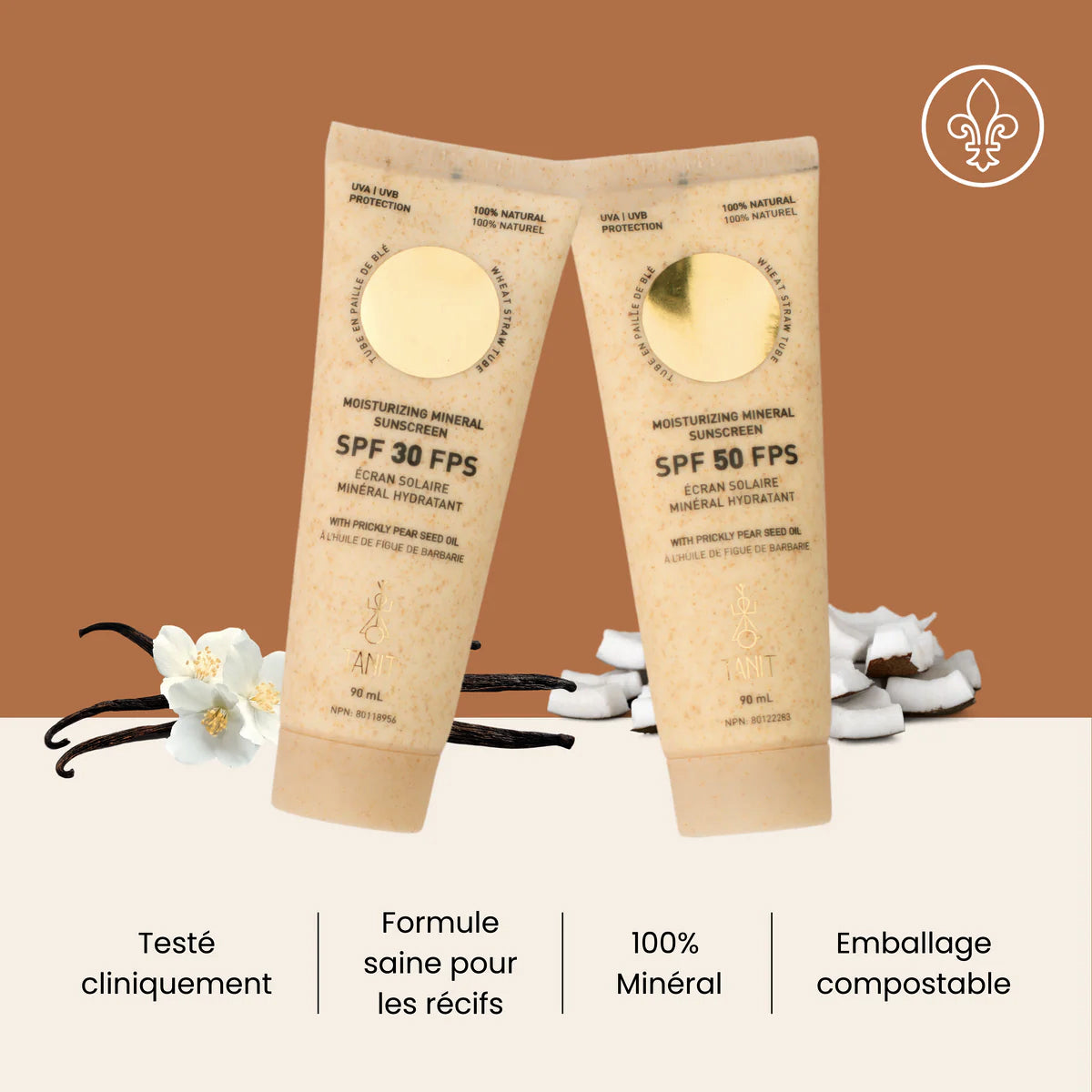Écran Solaire minéral hydratant - FPS30 - Protection quotidienne avec légère senteur tropicale -  Noix de coco & vanille - Tanit - 90ml