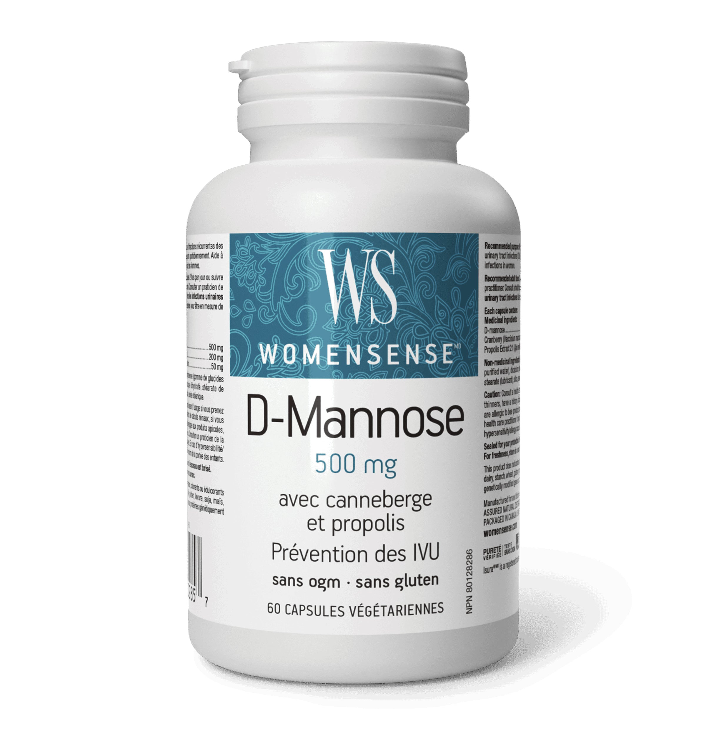 D-Mannose 500mg avec Canneberge et Propolis - WomenSense - 60 capsules